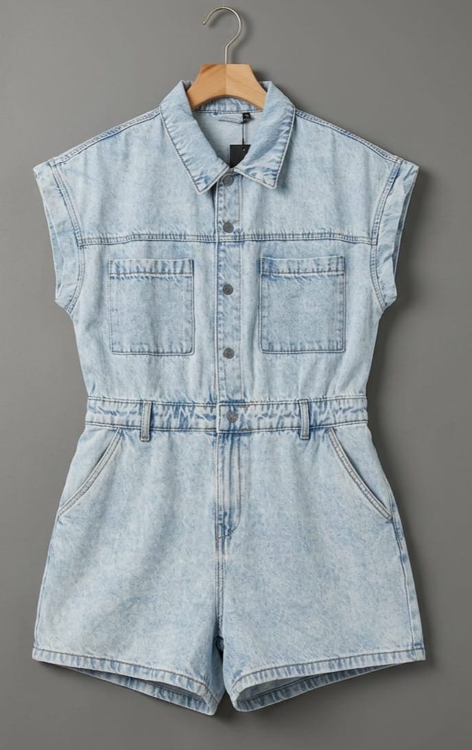 Washed denim romper